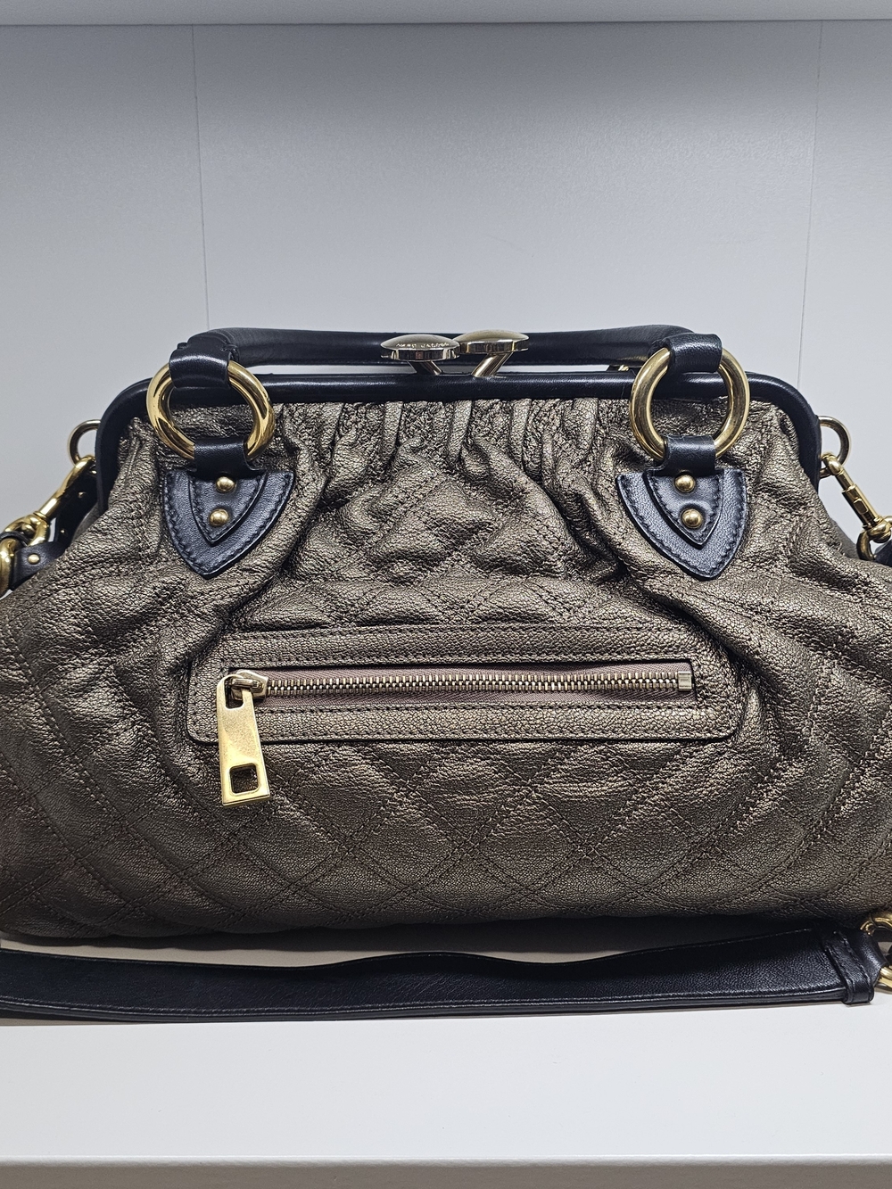 Marc Jacobs Stam Metallic Quilted Frame Satchel Handbag - Black Trim